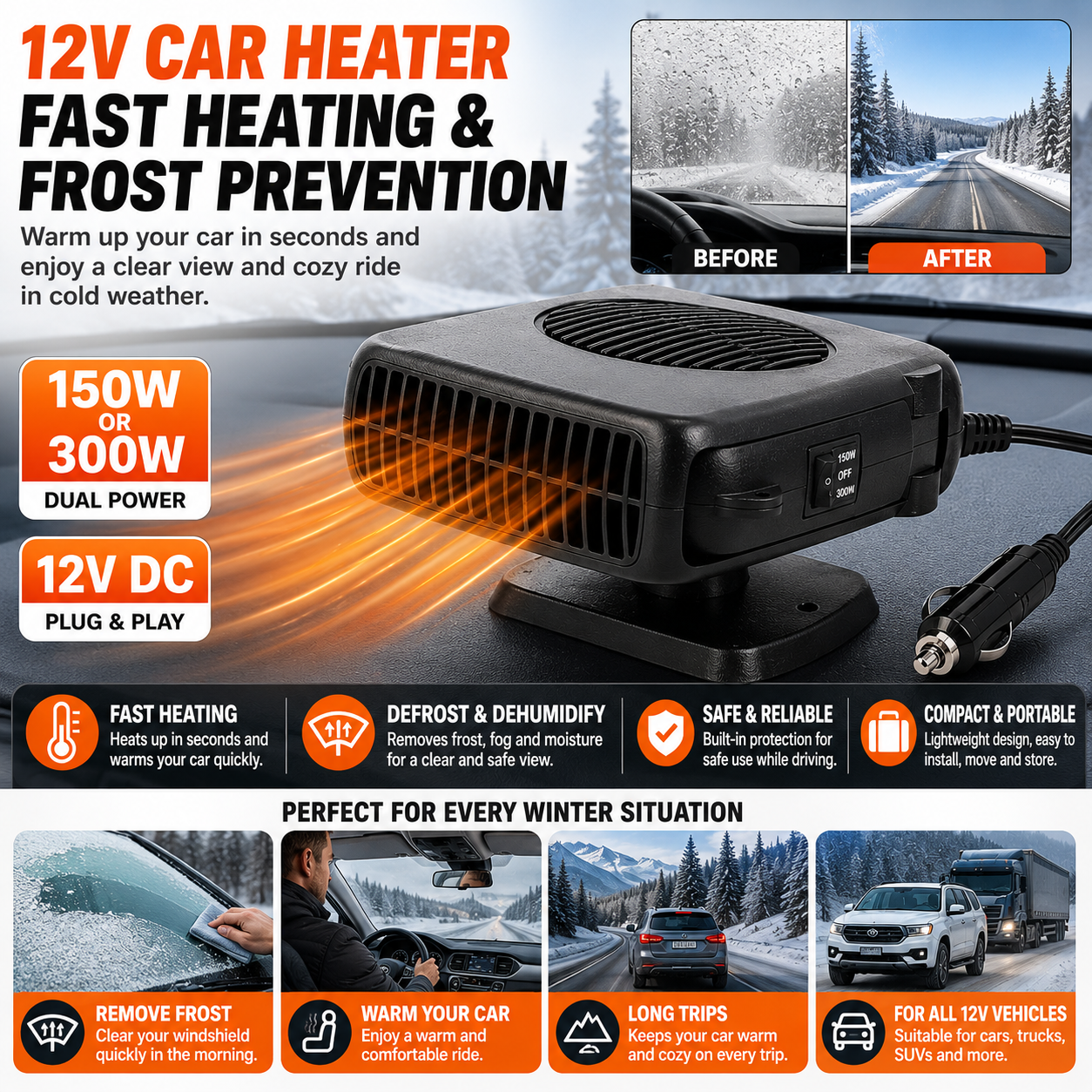 Car Heater 12V | Ceramic Fan | Defrost and Warmth