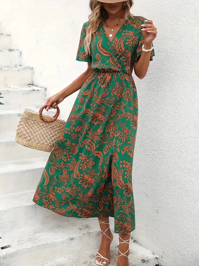 Floral Wrap Summer Dress | Bohemian, Midi, Short Sleeve