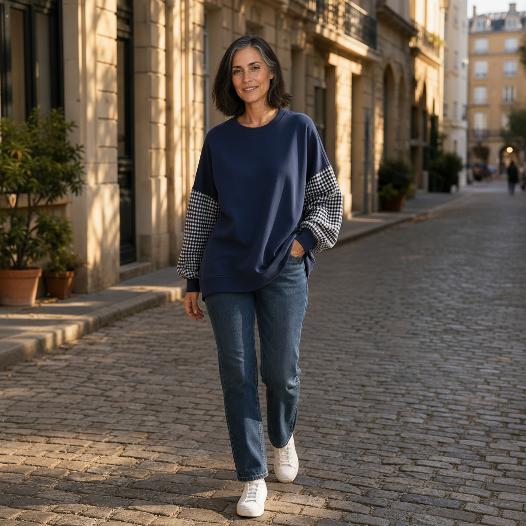 Women patchwork plaid crew neck top relaxed fit in navy blue
