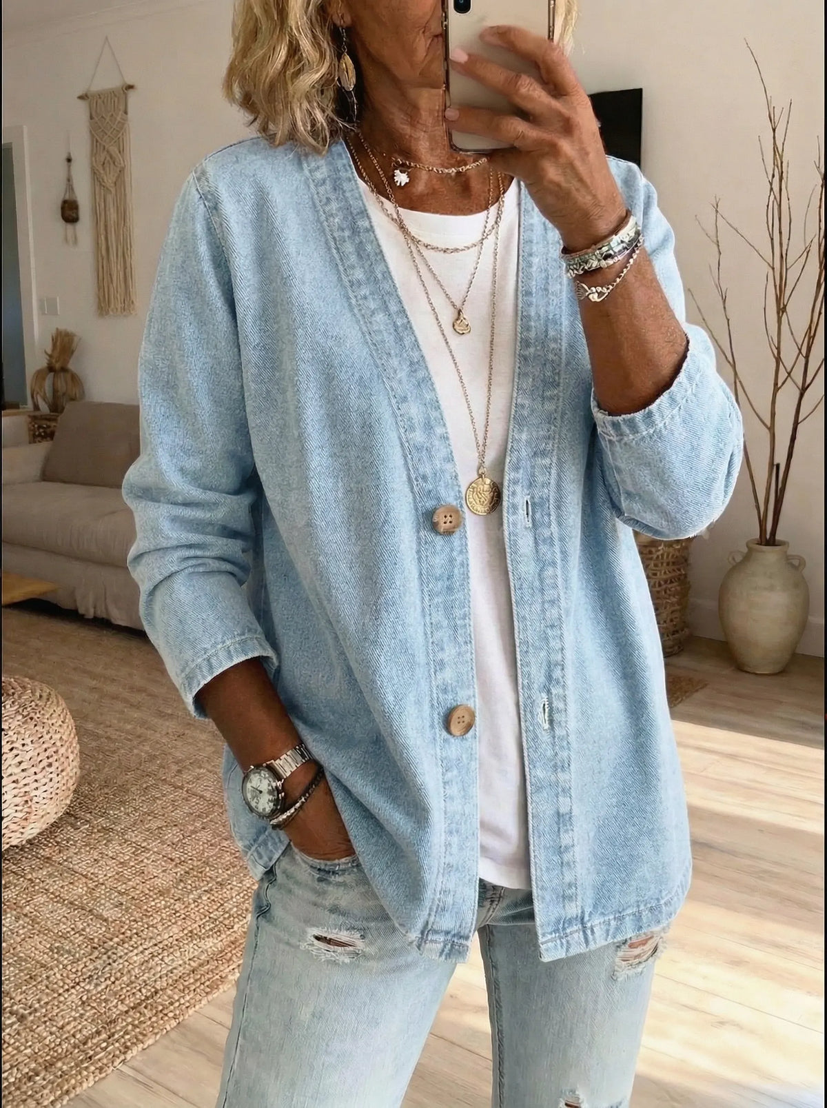 Women denim button coat straight cut long sleeve casual layering