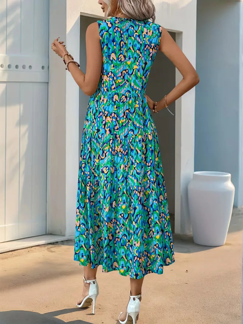 Linen Loose Summer Dress | Bohemian A-Line, V-Neck | Colorful