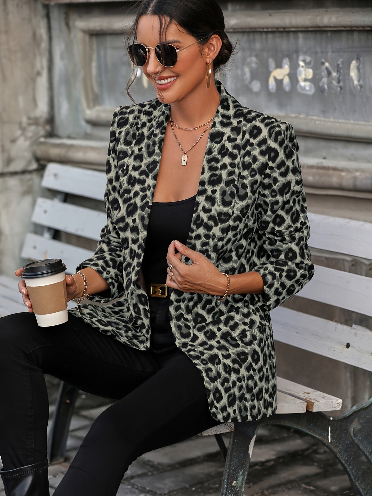 Womens leopard print blazer long with long sleeves, all season animal print