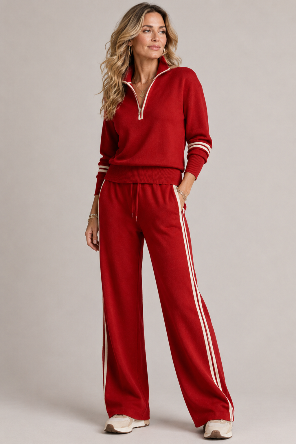 Women 2 Piece Zip Sweatshirt Wide Leg Set with stripe trim detail