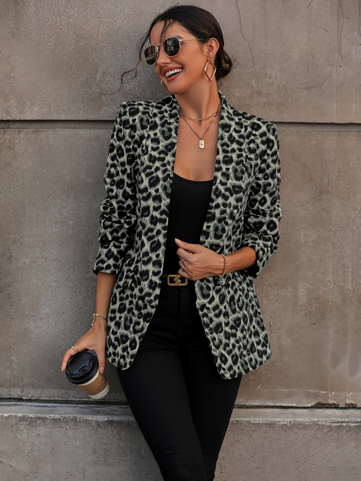 Womens leopard print blazer long with long sleeves, all season animal print