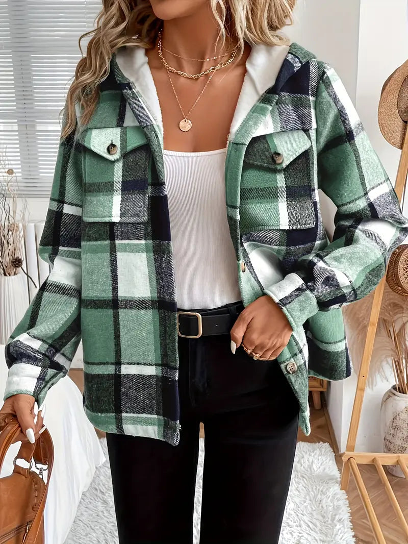 Plaid hooded jacket women with fleece lining and hood