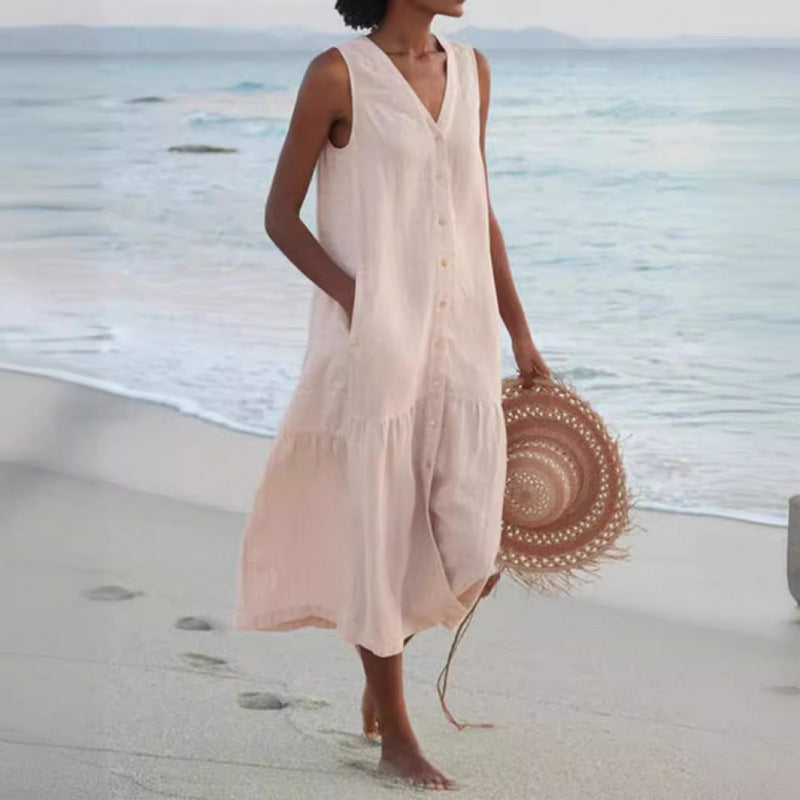 Women's Cotton Midi Dress | Button Front, V-Neck, Sleeveless