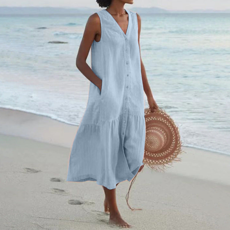 Women's Cotton Midi Dress | Button Front, V-Neck, Sleeveless