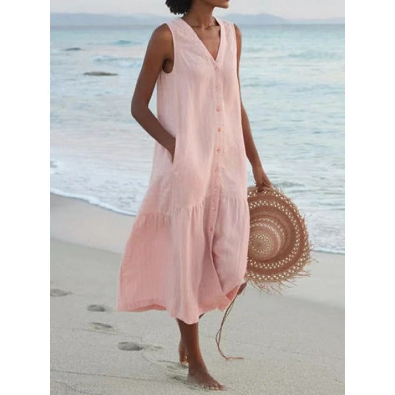 Women's Cotton Midi Dress | Button Front, V-Neck, Sleeveless