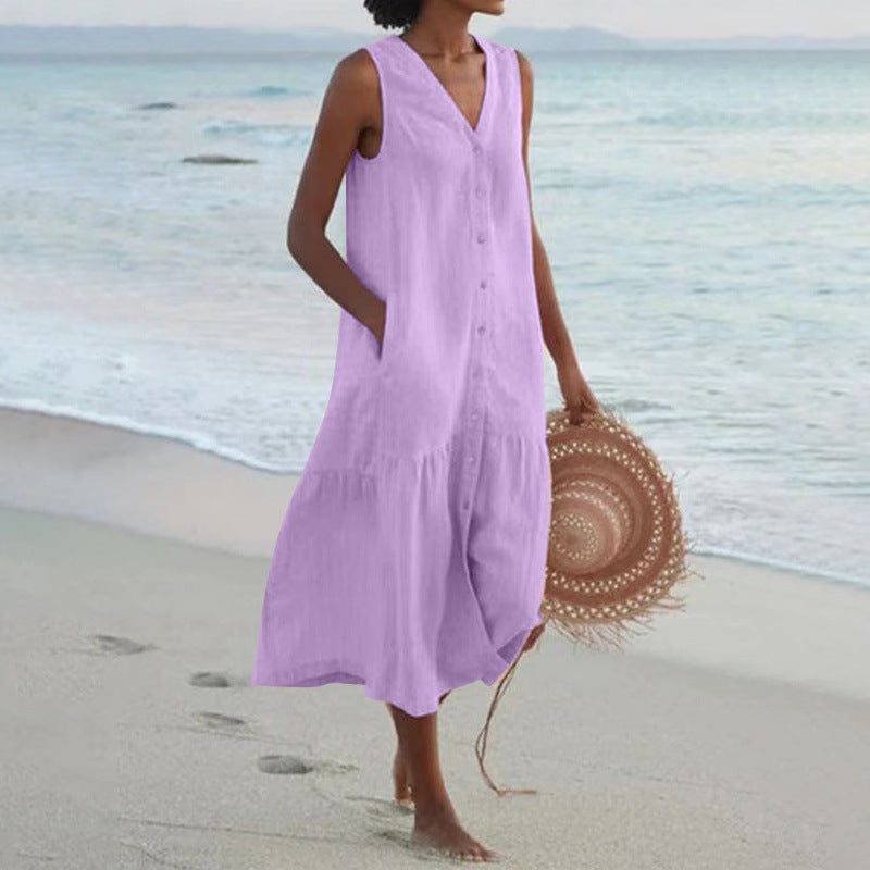 Women's Cotton Midi Dress | Button Front, V-Neck, Sleeveless