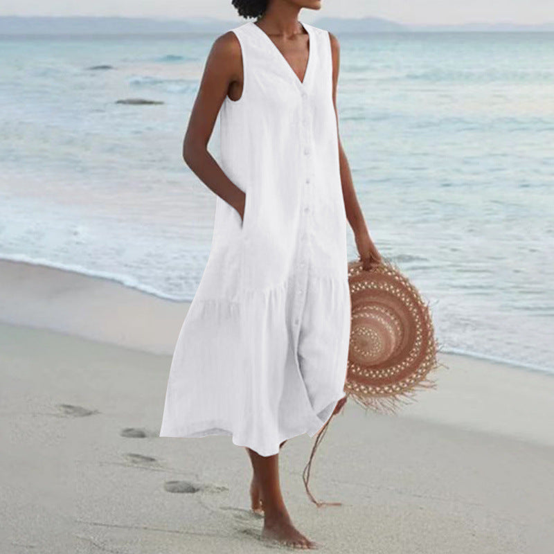 Women's Cotton Midi Dress | Button Front, V-Neck, Sleeveless