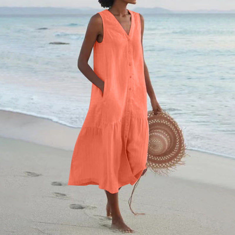 Women's Cotton Midi Dress | Button Front, V-Neck, Sleeveless