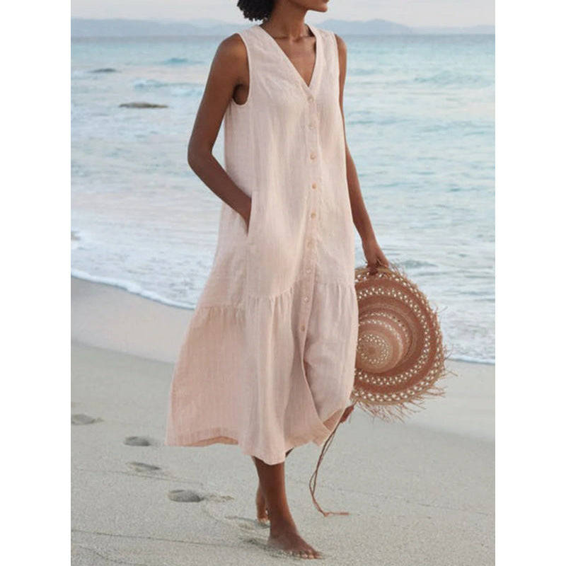 Women's Cotton Midi Dress | Button Front, V-Neck, Sleeveless