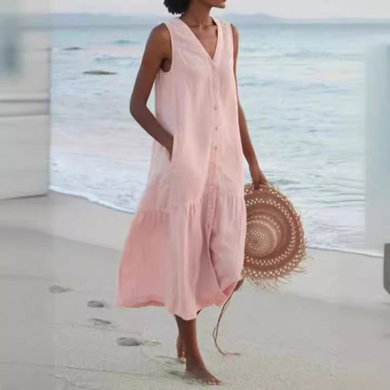 Women's Cotton Midi Dress | Button Front, V-Neck, Sleeveless
