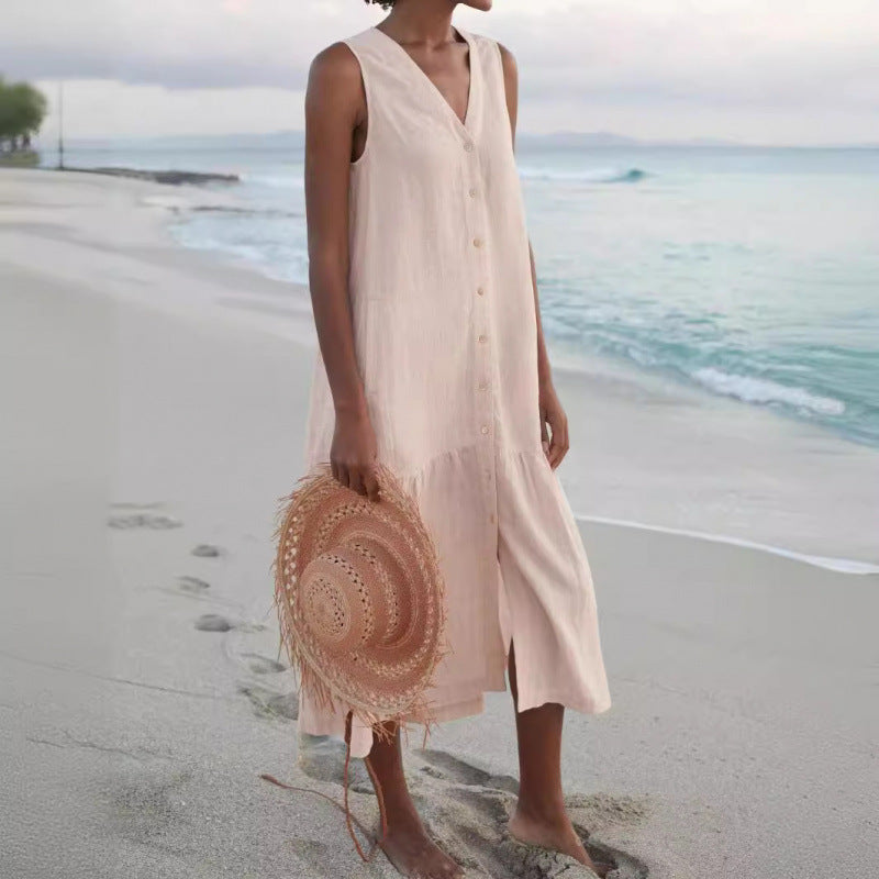Women's Cotton Midi Dress | Button Front, V-Neck, Sleeveless