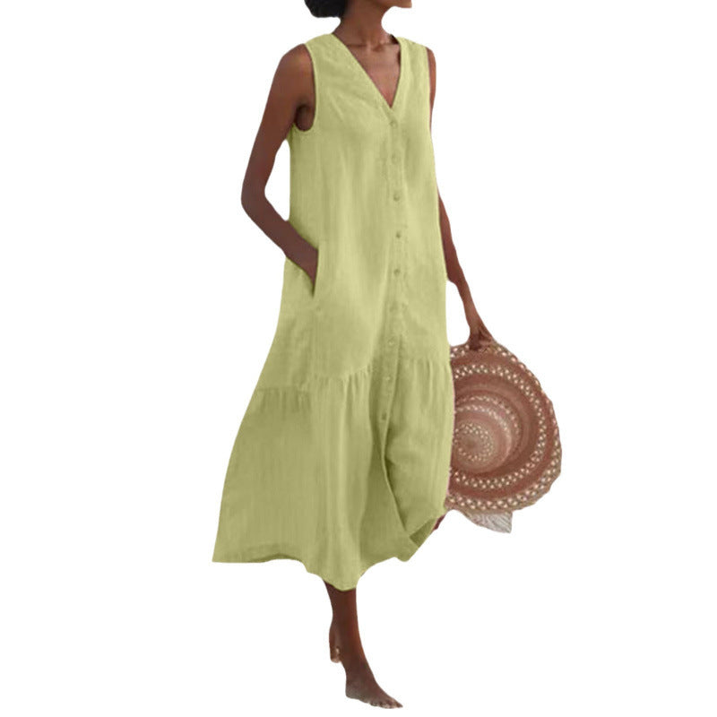 Women's Cotton Midi Dress | Button Front, V-Neck, Sleeveless