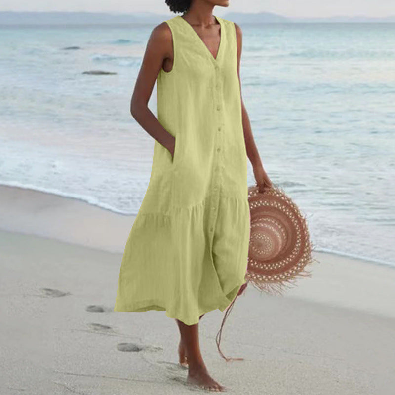 Women's Cotton Midi Dress | Button Front, V-Neck, Sleeveless