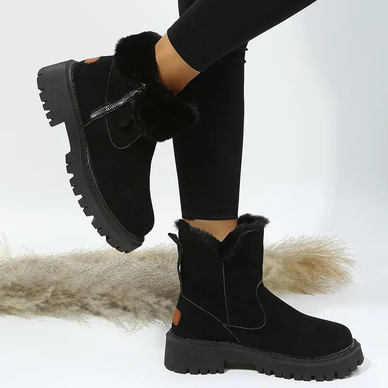 Womens Suede Ankle Boots Winter Warm Lined Chunky Platform