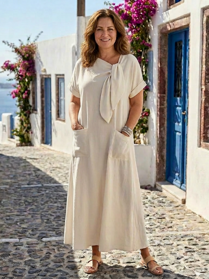 Women's Maxi Dress with Pockets | Cotton Round Neck | Short Sleeve