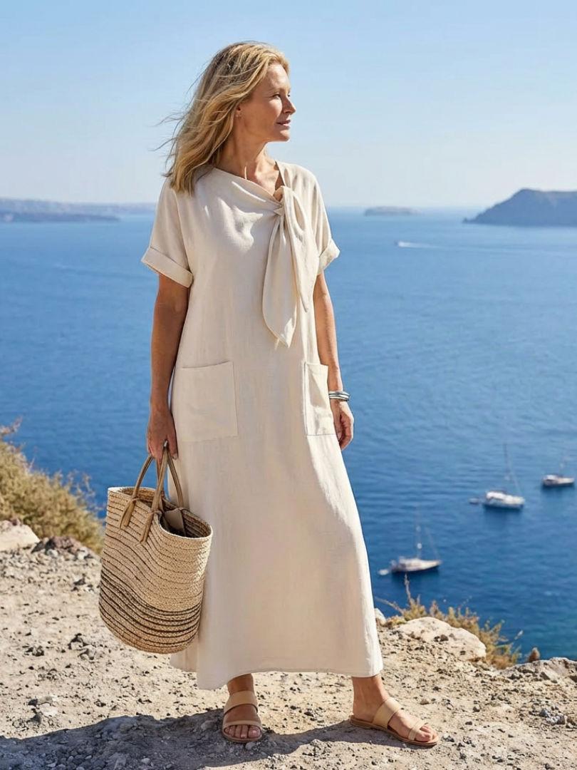 Women's Maxi Dress with Pockets | Cotton Round Neck | Short Sleeve