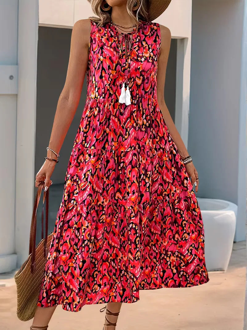 Linen Loose Summer Dress | Bohemian A-Line, V-Neck | Colorful