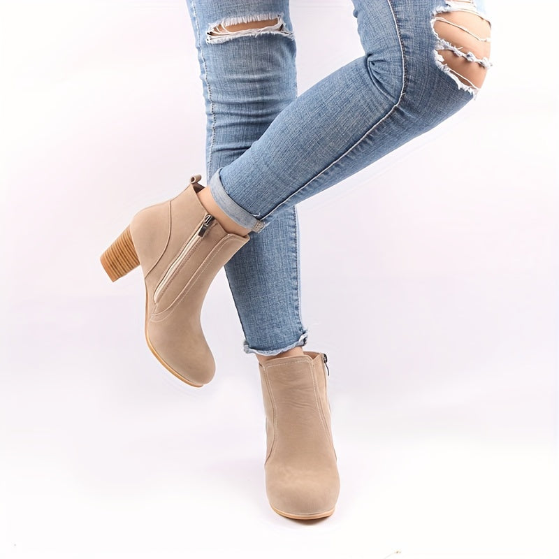 Women ankle boots stacked block heel side zip suede-look upper