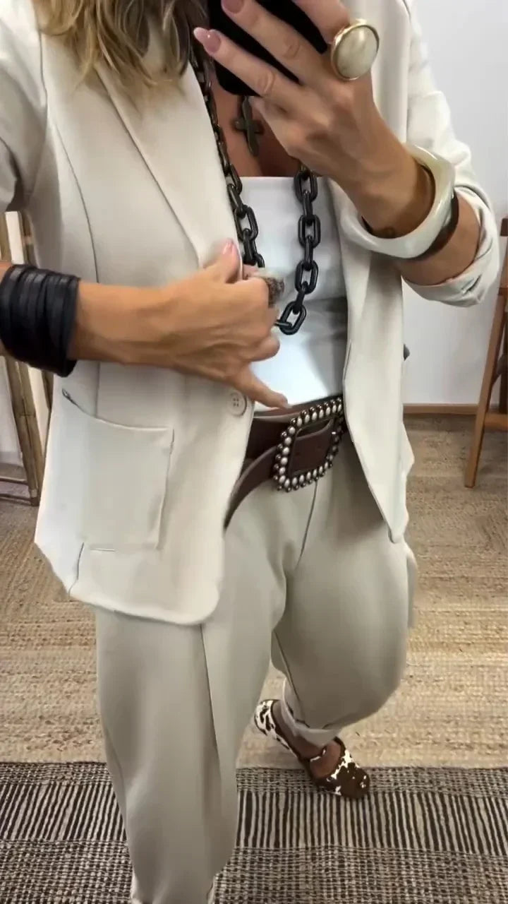 Women's Blazer Trouser Set | Taupe, Black, Grey | Two-Piece Suit