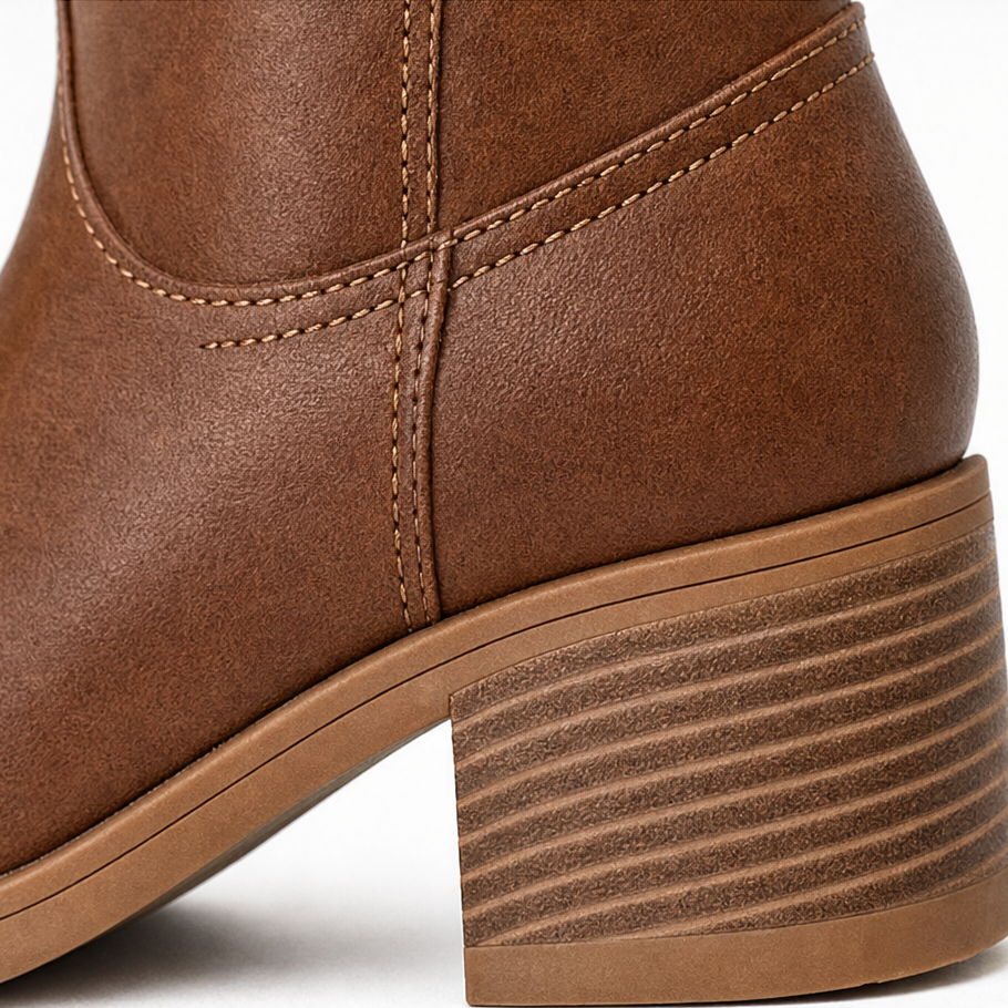 Women knee high pull on block heel boots wide opening shaft