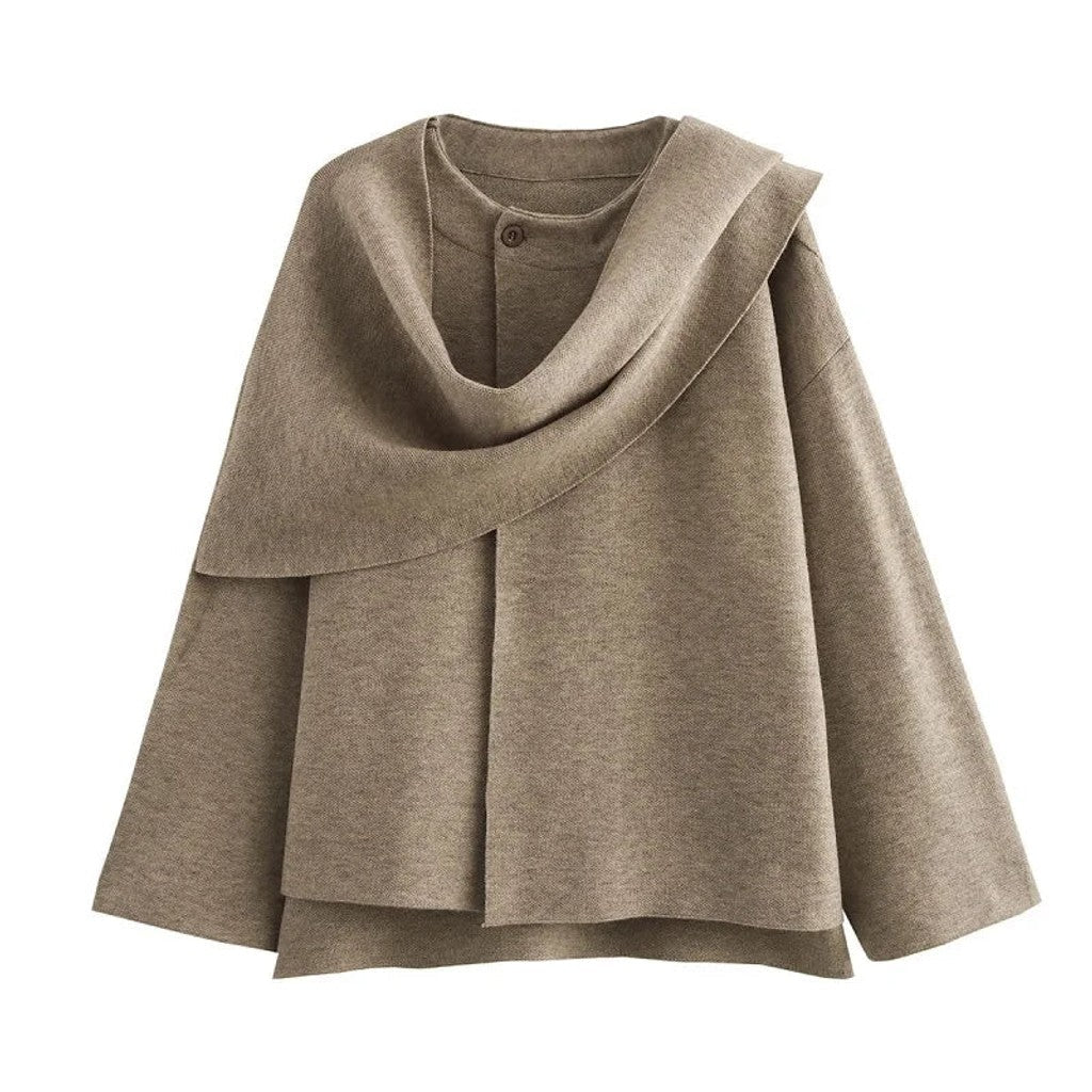 Women asymmetric draped collar cardigan jacket relaxed fit loose silhouette
