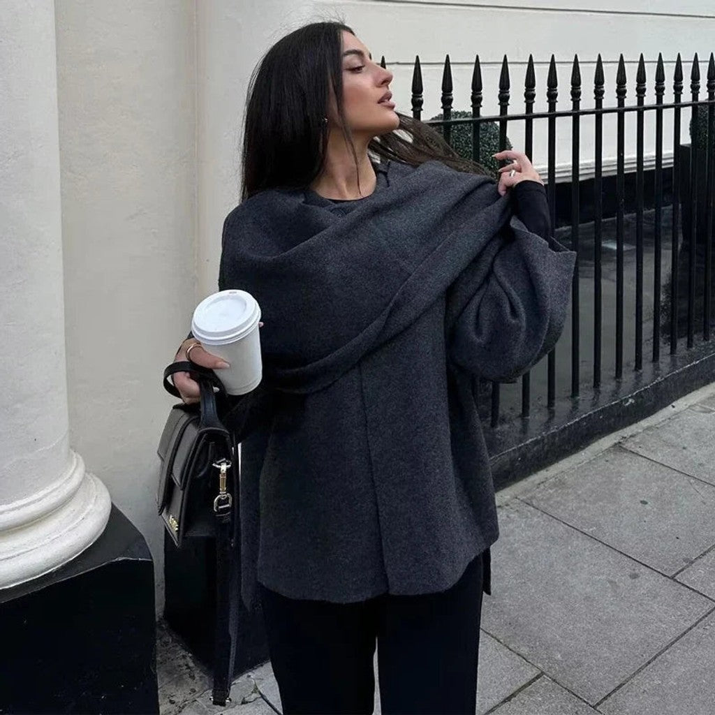 Women asymmetric draped collar cardigan jacket relaxed fit loose silhouette