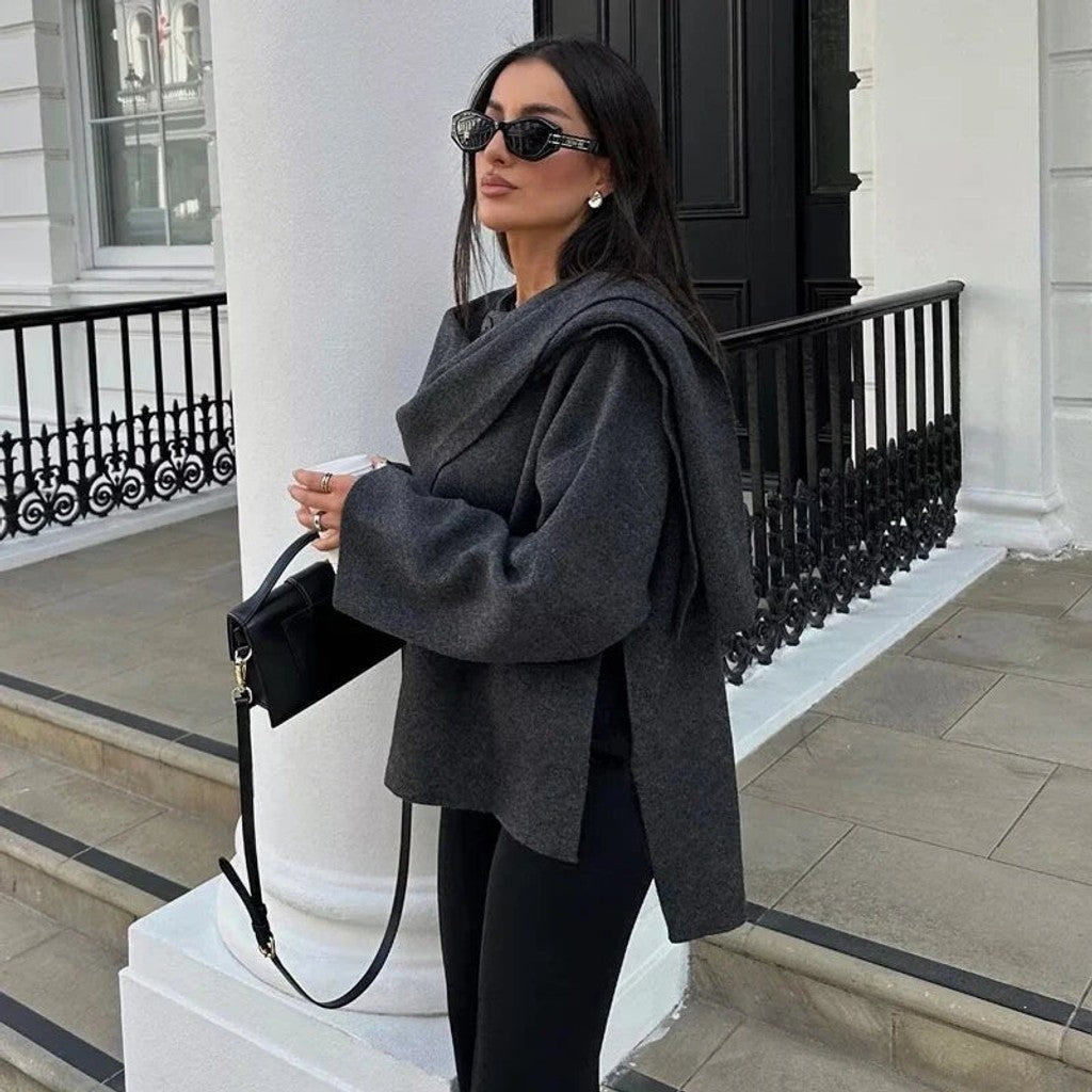 Women asymmetric draped collar cardigan jacket relaxed fit loose silhouette