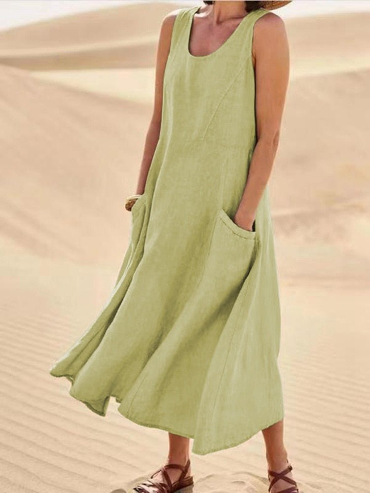 Women's Maxi Dress | Cotton, Sleeveless, Side Pockets