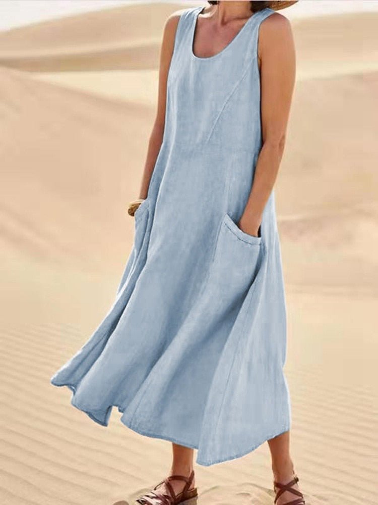 Women's Maxi Dress | Cotton, Sleeveless, Side Pockets