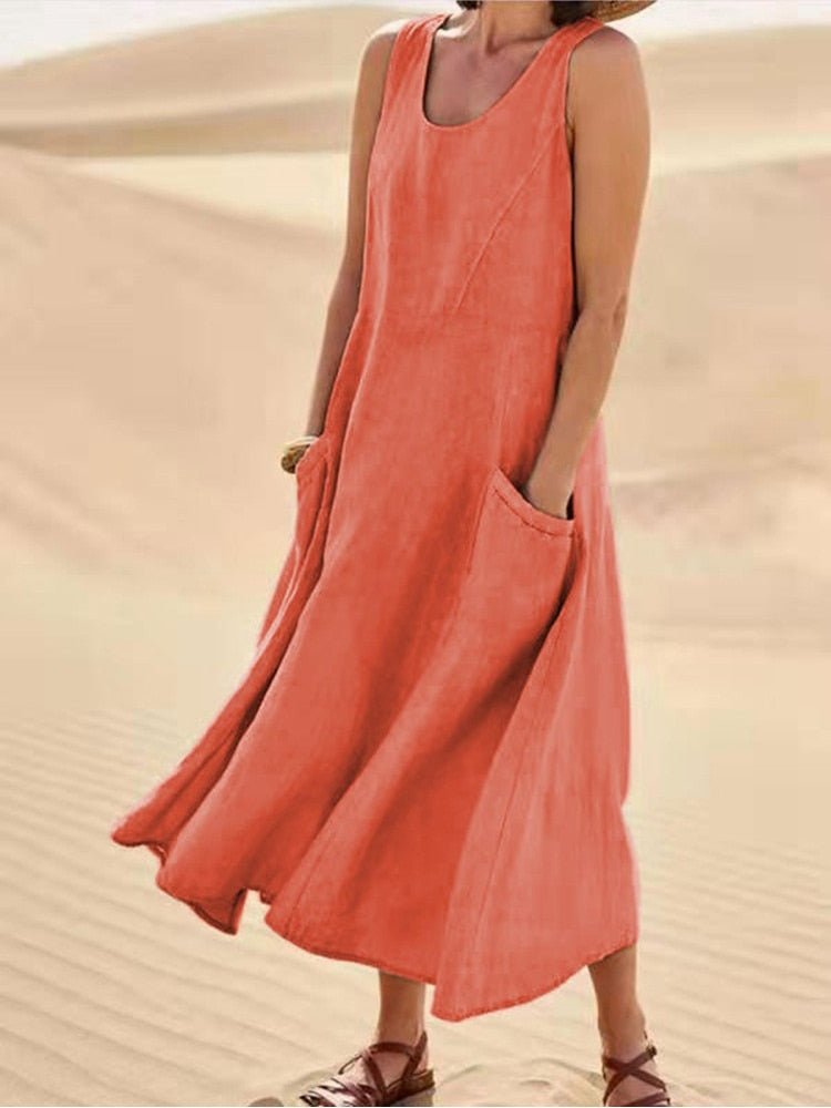 Women's Maxi Dress | Cotton, Sleeveless, Side Pockets