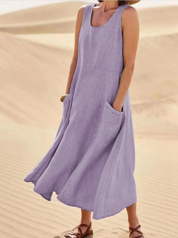 Women's Maxi Dress | Cotton, Sleeveless, Side Pockets