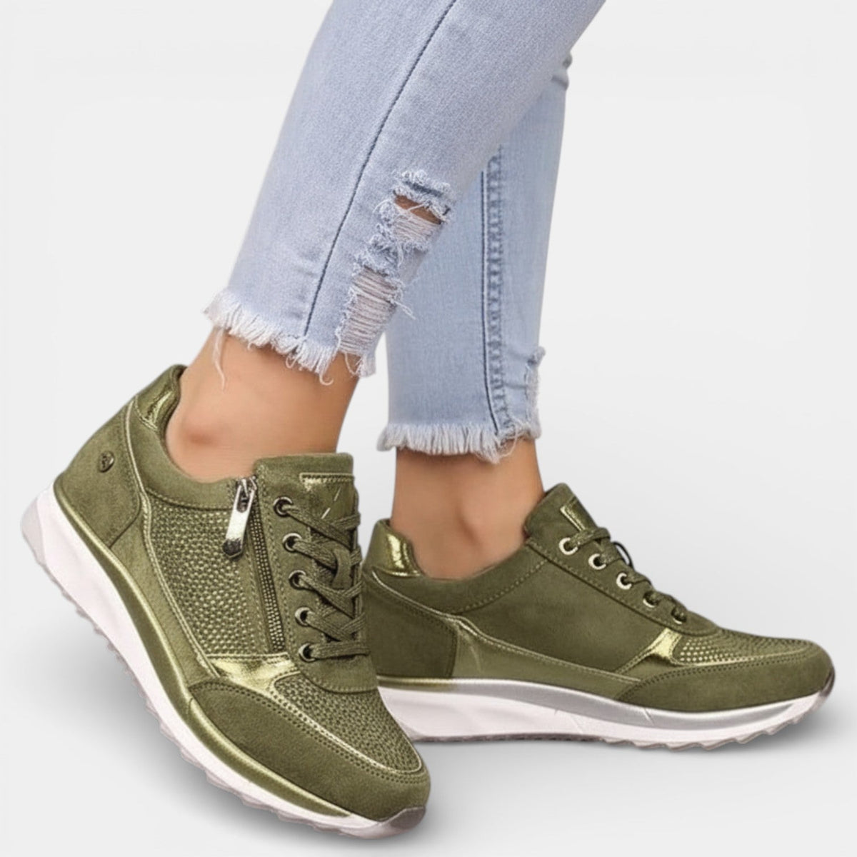 Women orthopedic platform shoes with rhinestone detail in beige
