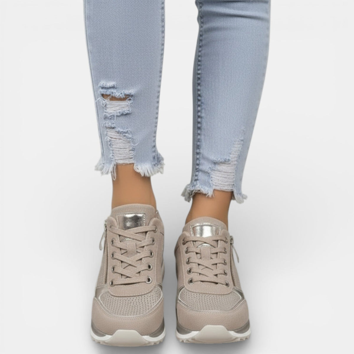 Women orthopedic platform shoes with rhinestone detail in beige