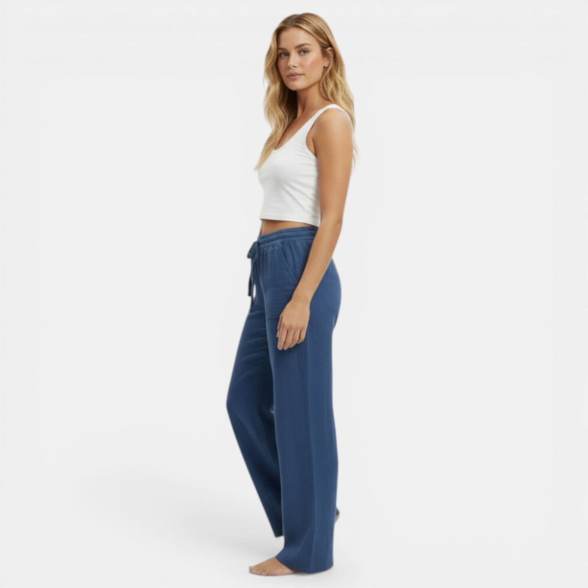 Women linen wide leg pants relaxed fit elastic waistband