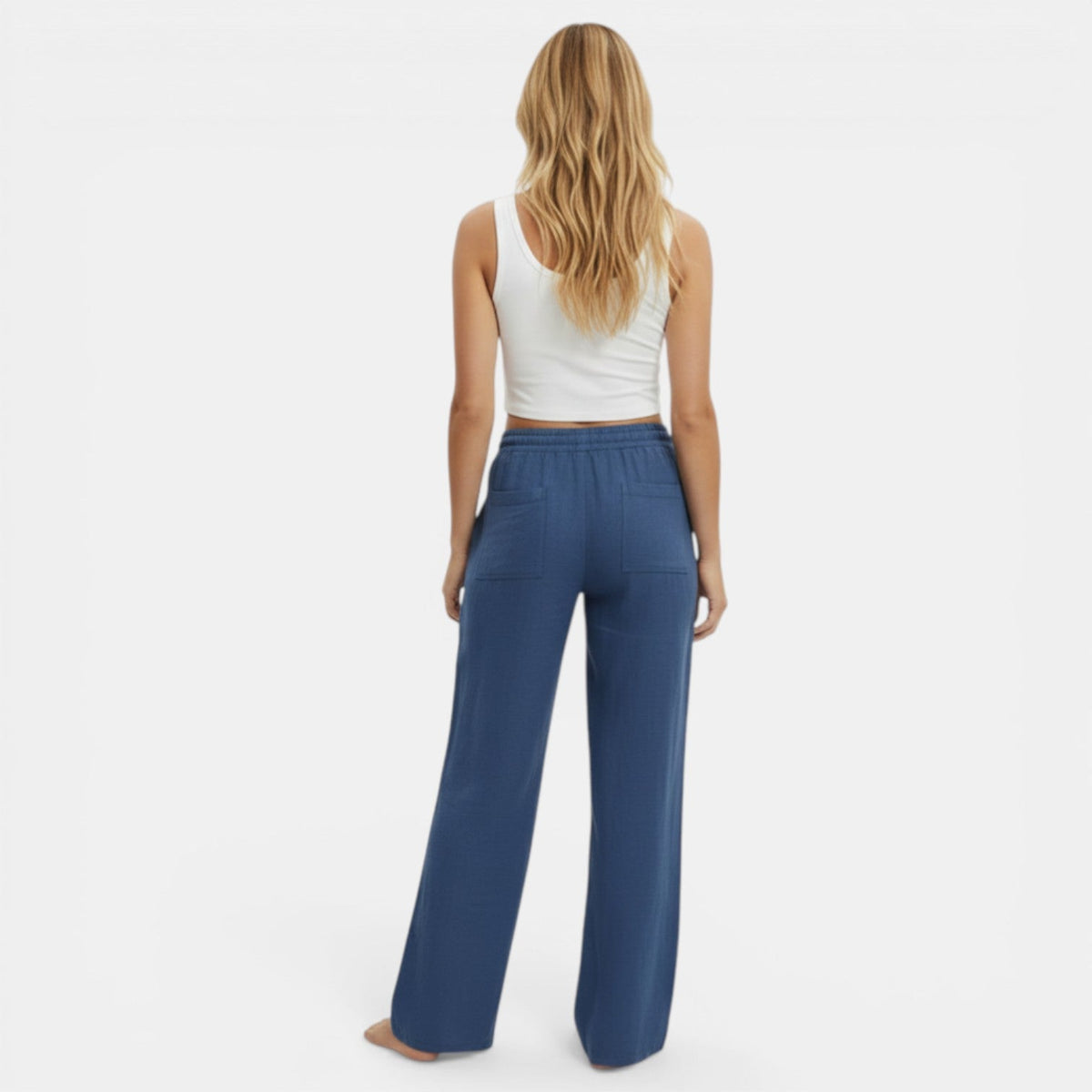 Women linen wide leg pants relaxed fit elastic waistband