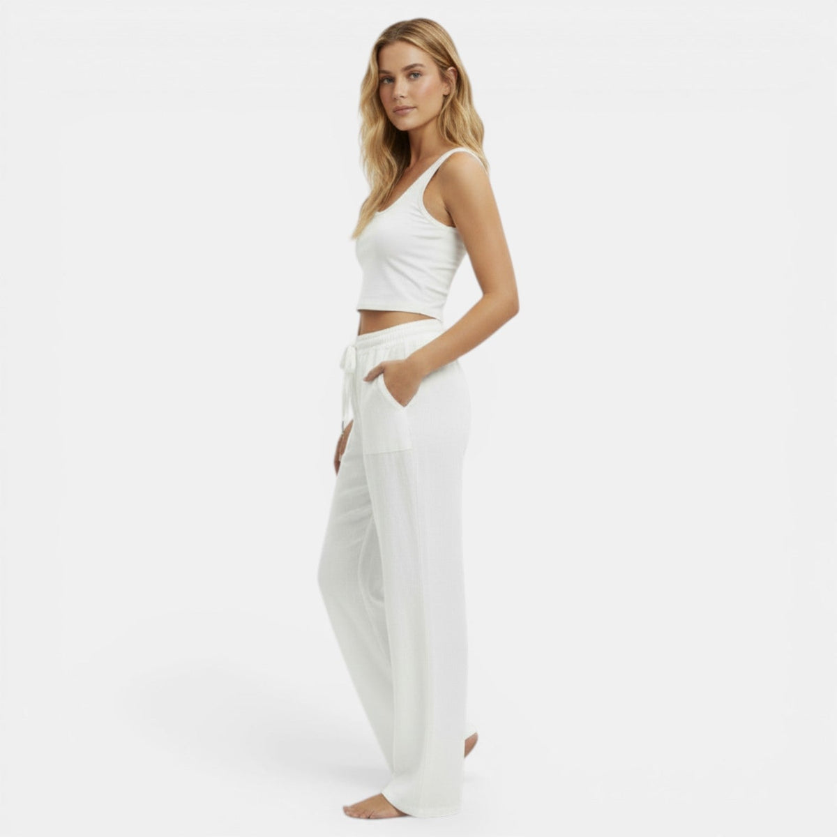 Women linen wide leg pants relaxed fit elastic waistband