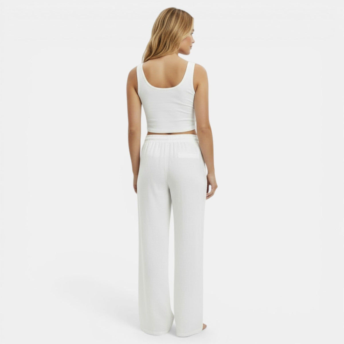 Women linen wide leg pants relaxed fit elastic waistband