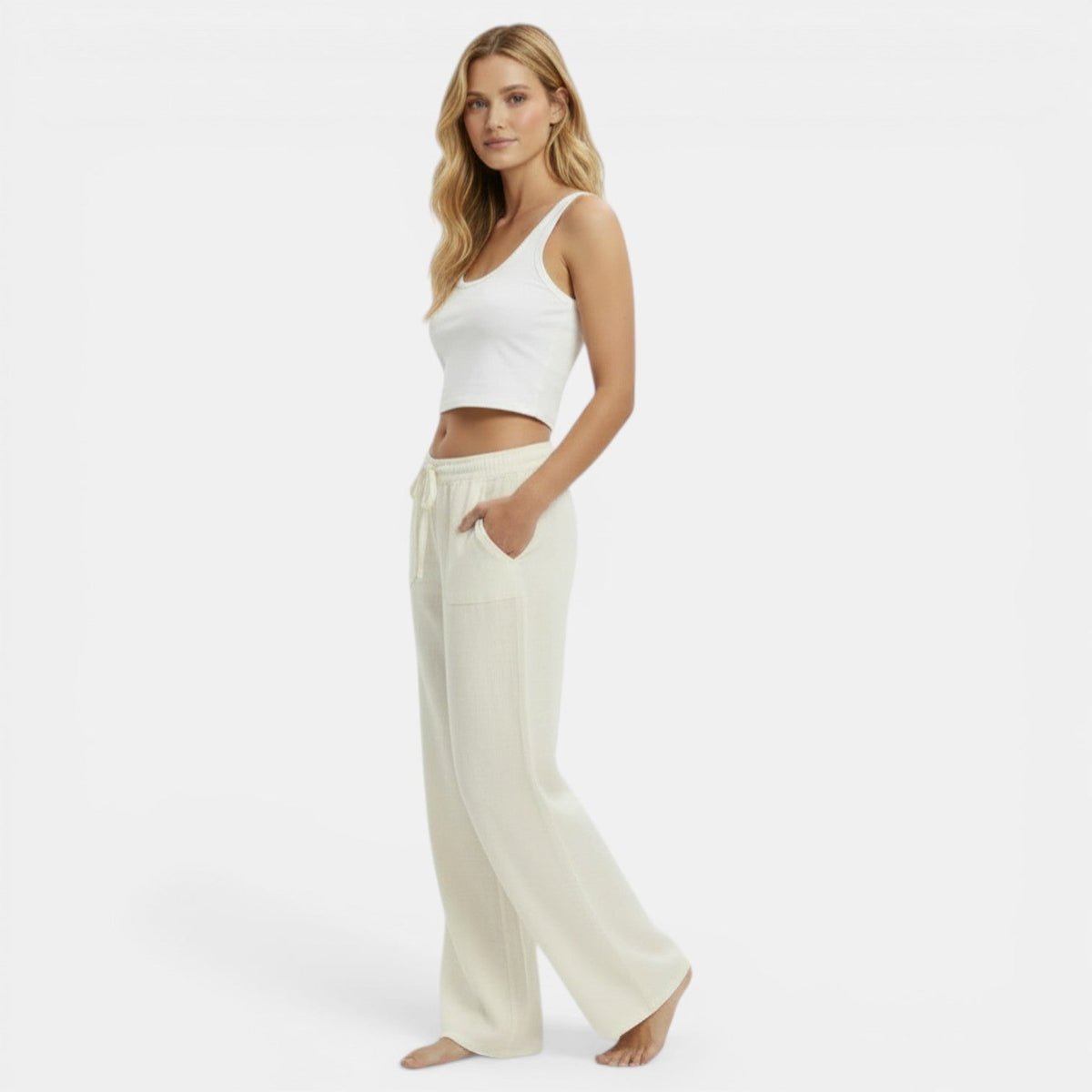 Women linen wide leg pants relaxed fit elastic waistband