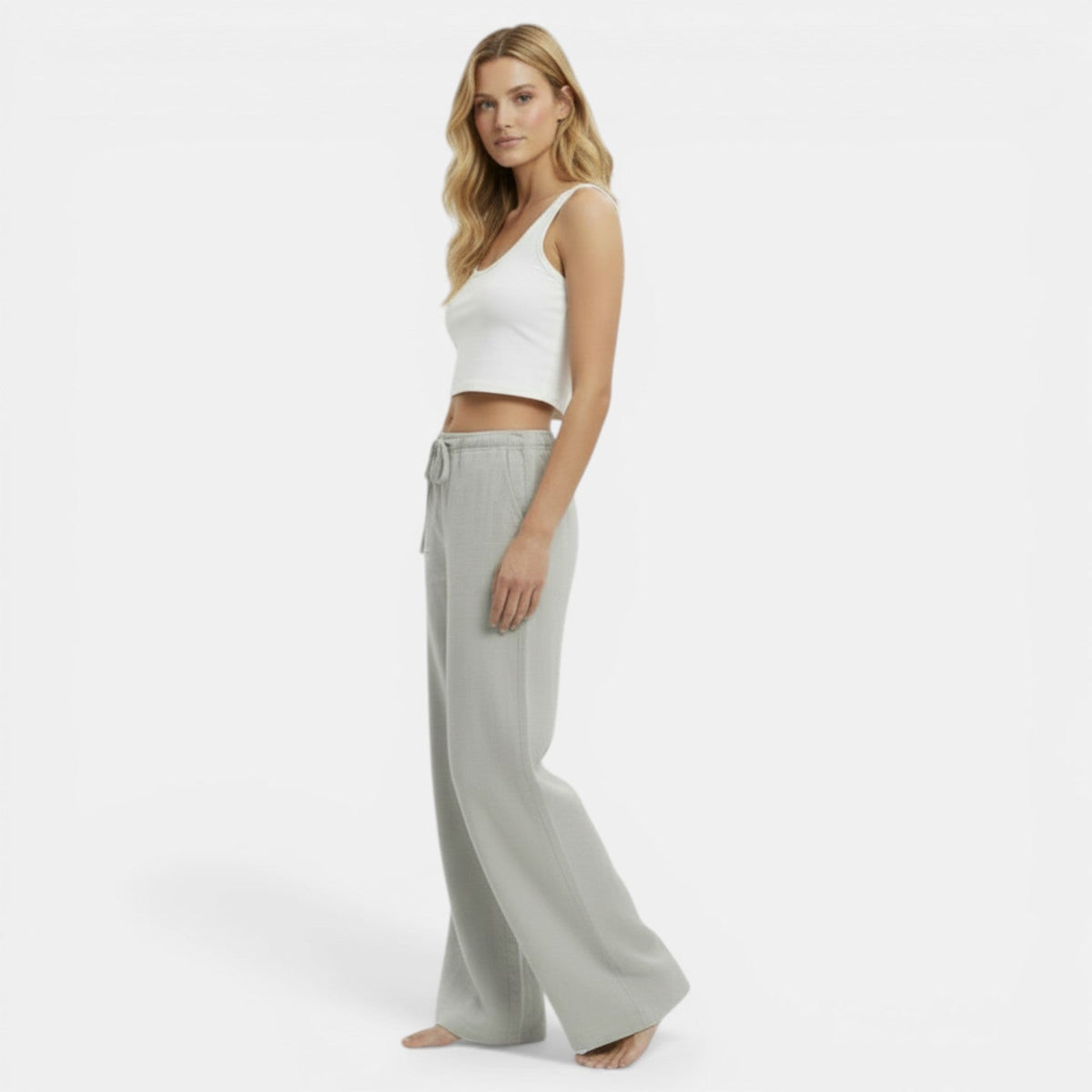 Women linen wide leg pants relaxed fit elastic waistband
