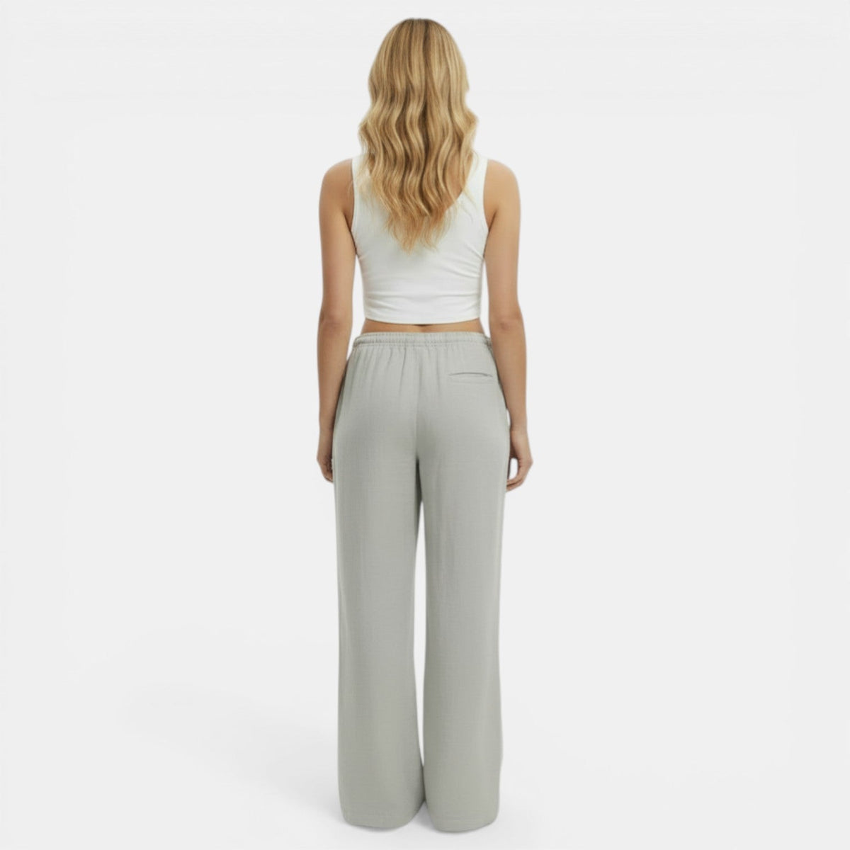 Women linen wide leg pants relaxed fit elastic waistband