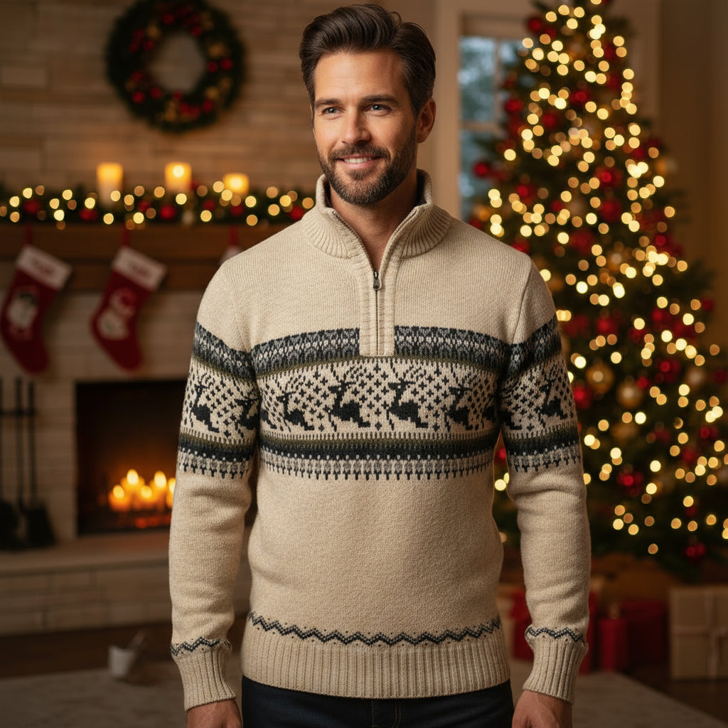 Mens Christmas jumper quarter zip with reindeer pattern, knitted winter sweater