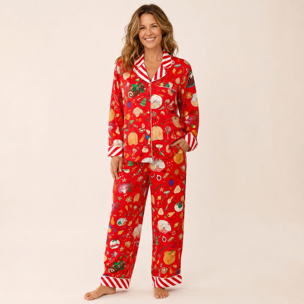 Womens satin Christmas pyjamas set with long sleeve top and full length pants