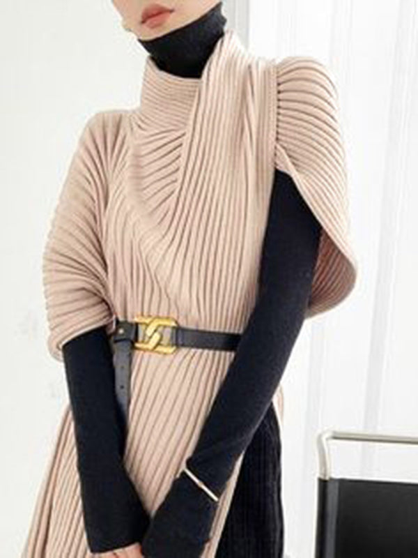 Women viscose knit sweater top asymmetric hem high neck loose fit