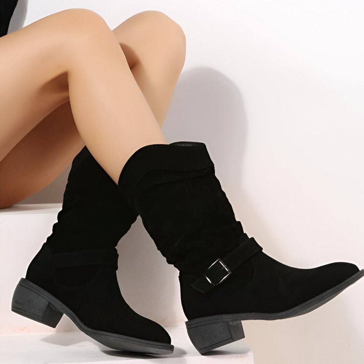 Women knee high slouchy boots with low block heel and faux suede upper