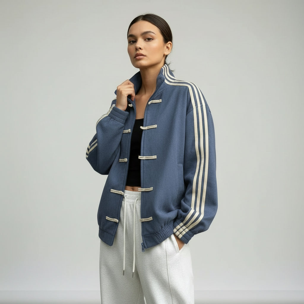 Women retro velour track jacket with contrast sleeve stripes and button closure