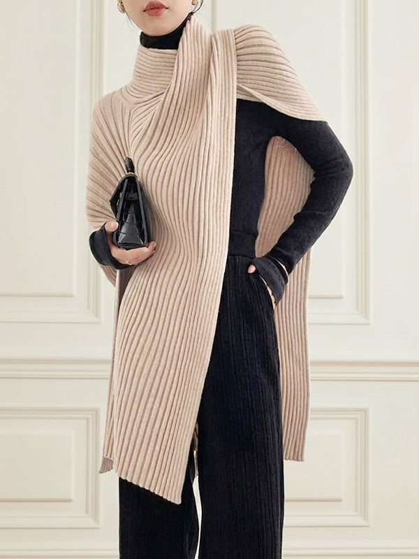 Women viscose knit sweater top asymmetric hem high neck loose fit