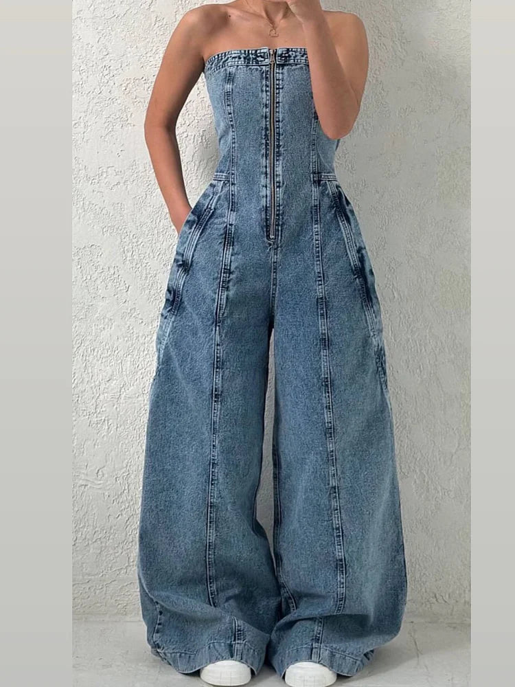 Denim Jumpsuit Set | Zip Front with Matching Jacket | Stretch
